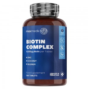 Foto van de verpakking van maxmedix biotine complex supplement met vitamine b8 voor haargroei