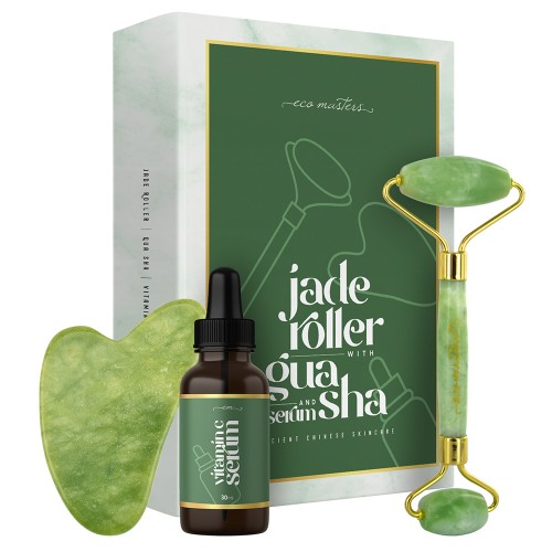 Eco Masters Jade Gezichtsroller met Gua Sha & Serum - 1x Jade Roller + 1x Gua Sha + 30ml Vitamine C Serum
